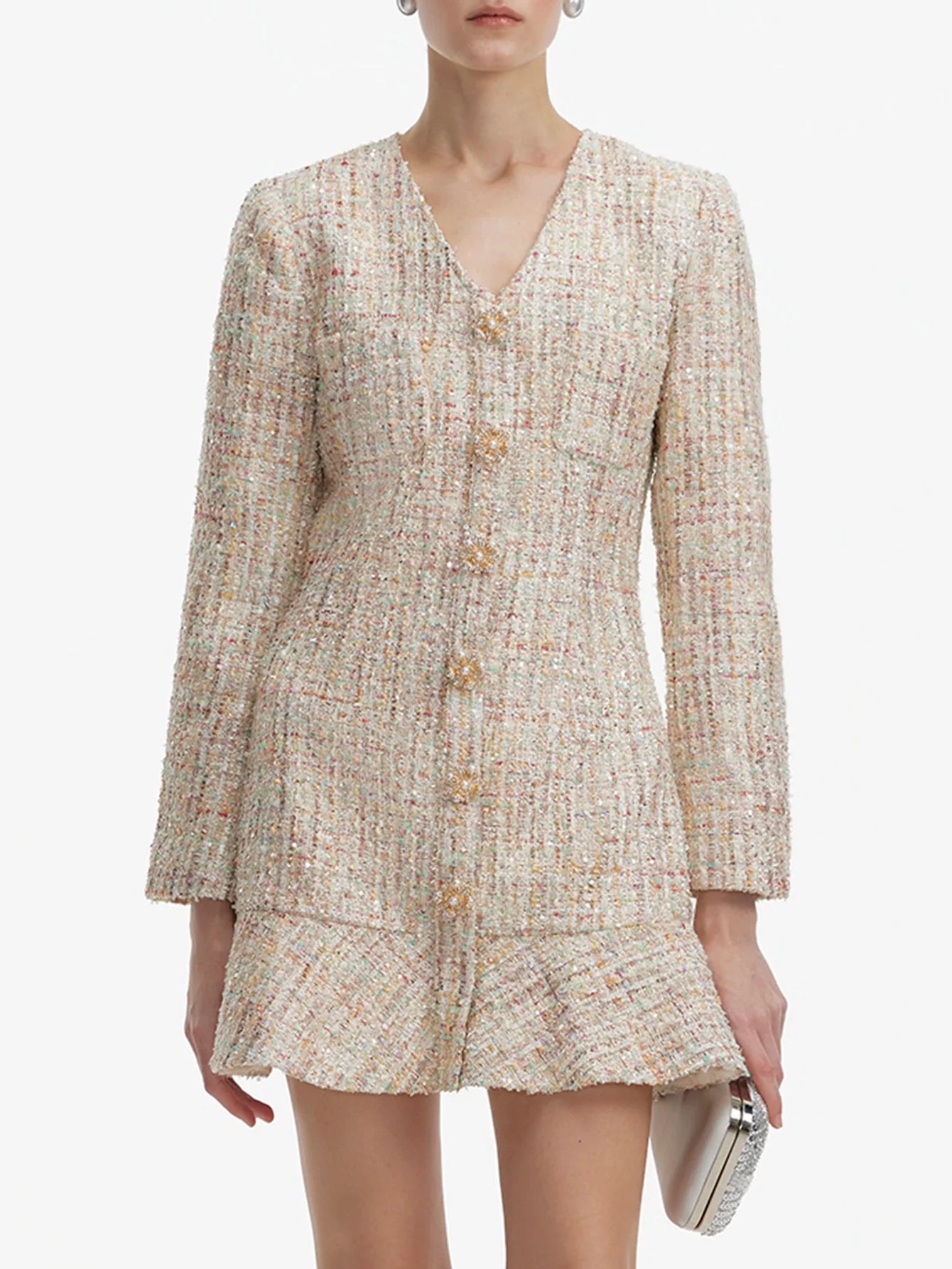 Uzun Kollu Payetli Tüvit Mini Elbise