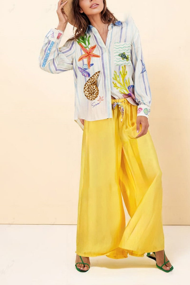 Okyanus Temalı Desenli Pantolon Takımı