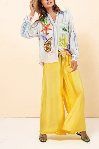 Okyanus Temalı Desenli Pantolon Takımı