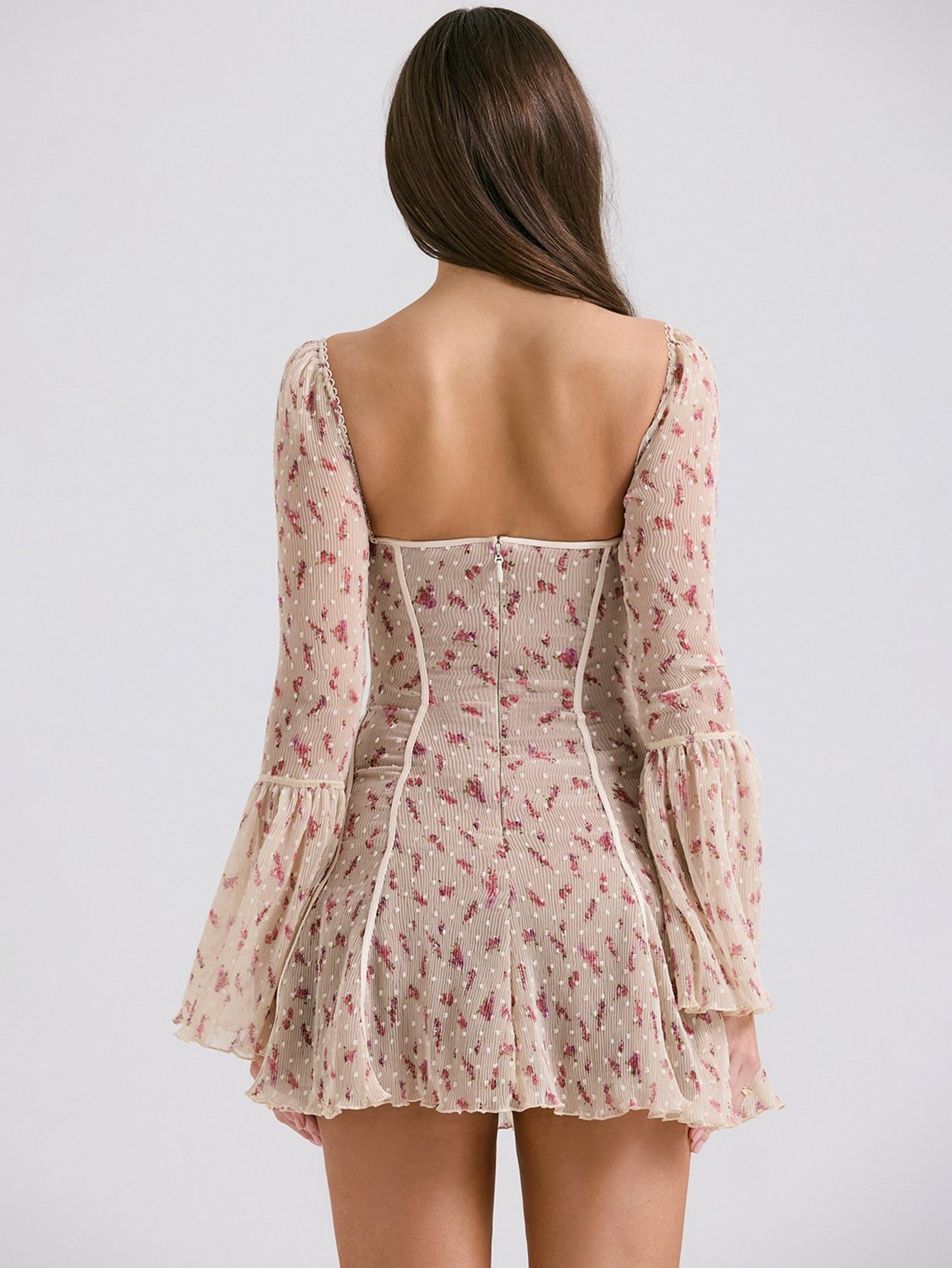 Uzun Dantel Falre Kollu Pileli Baskılı Mini Elbise