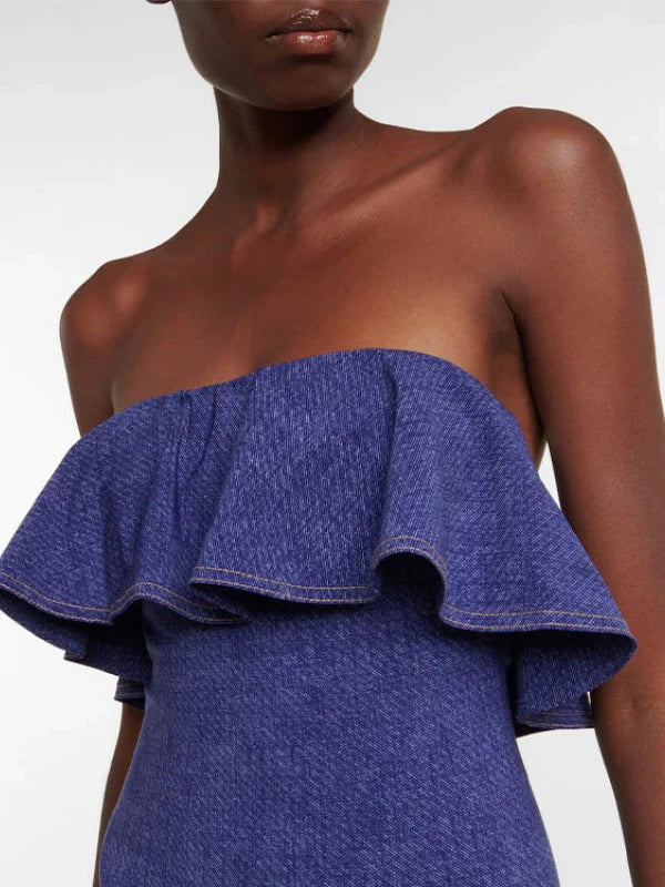 Omuz Açık Volanlı Kot Mayo