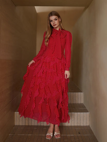 Puantiyeli Katmanlı Uzun Elbise