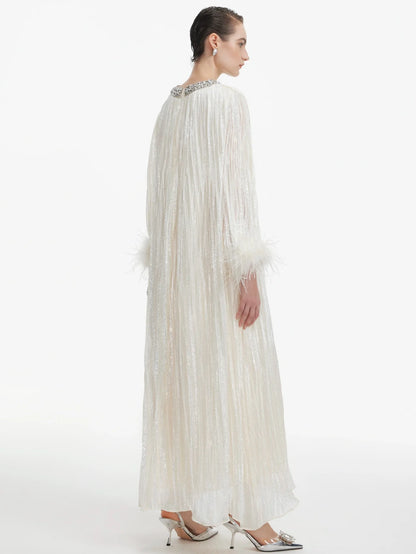 İnci Saten Tüylü Gece Elbisesi