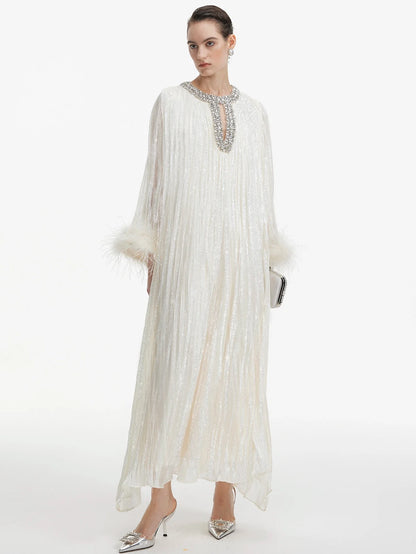 İnci Saten Tüylü Gece Elbisesi