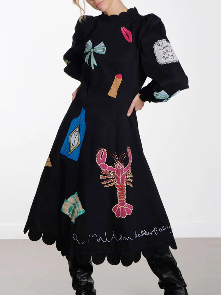 Istakoz Graffiti Tarak Kenar Midi Elbise