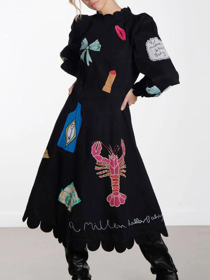 Istakoz Graffiti Tarak Kenar Midi Elbise