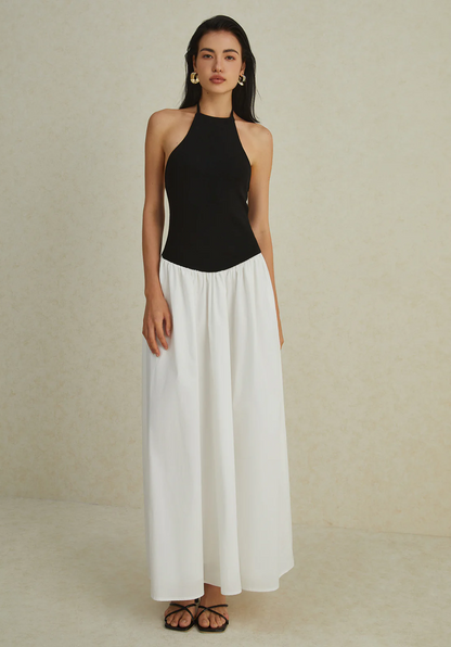 İki Renkli Boyundan Bağlamalı Maxi Elbise