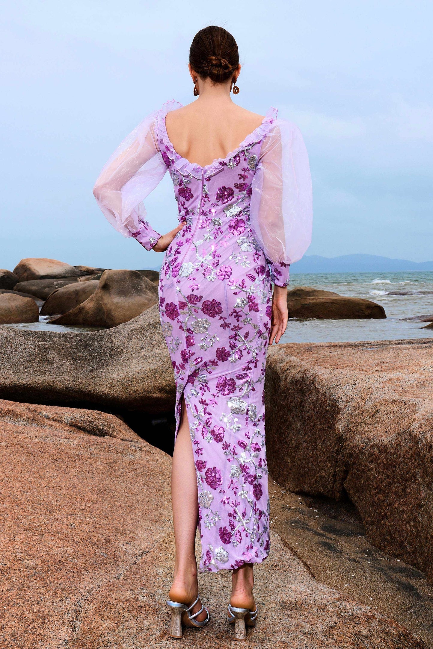 Yuvarlak Yaka Fırfırlı Fener Kol Maksi Elbise