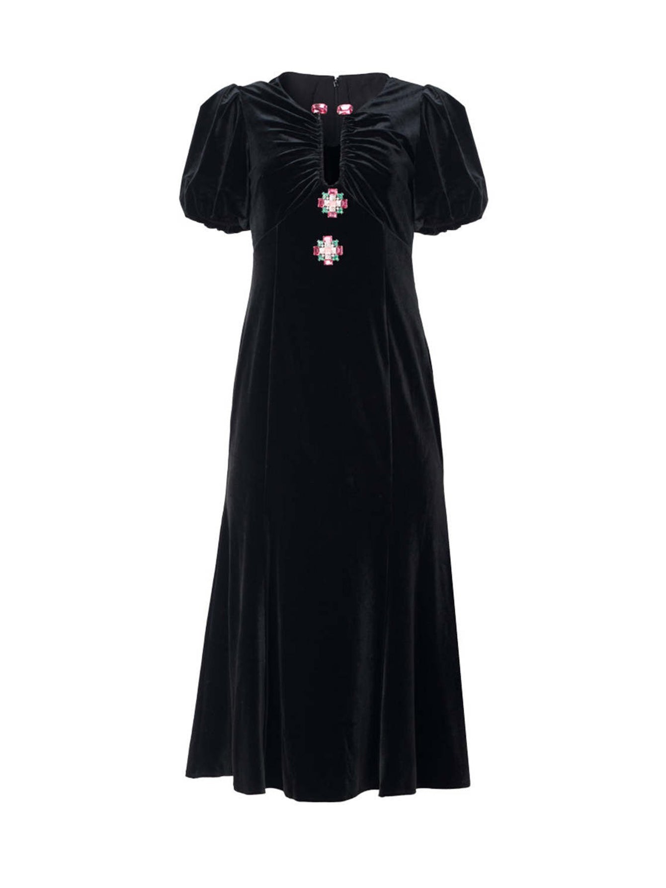 Püsküllü Kollu İşlemeli Kadife Midi Elbise