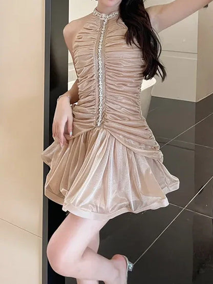 Şık Kıvrımlı Boyundan Bağlamalı Mini Elbise