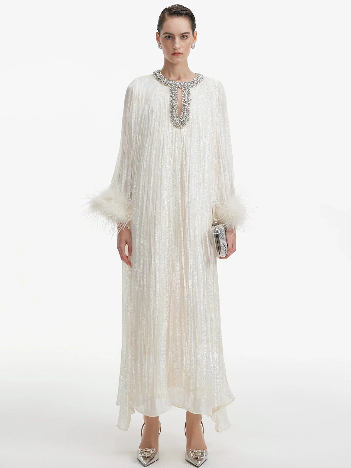 İnci Saten Tüylü Gece Elbisesi