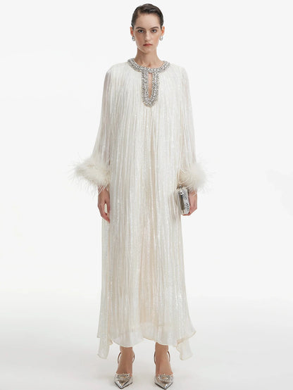 İnci Saten Tüylü Gece Elbisesi