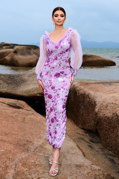 Yuvarlak Yaka Fırfırlı Fener Kol Maksi Elbise