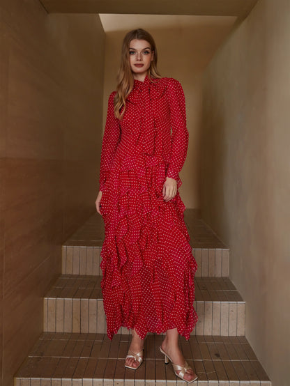 Puantiyeli Katmanlı Uzun Elbise