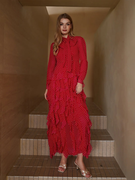 Puantiyeli Katmanlı Uzun Elbise