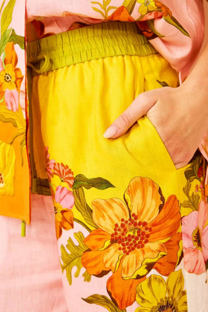 Tipik Baskı Beli Lastikli Cepli Geniş Paça Pantolon-Takım