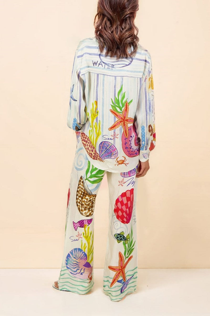 Okyanus Temalı Desenli Pantolon Takımı