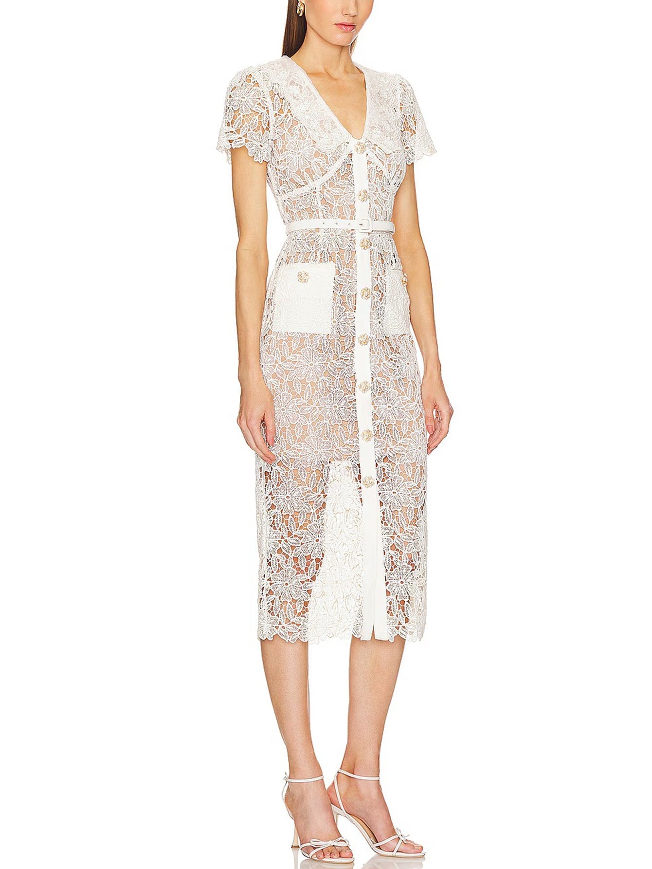 Şık Tığ İşi Dantel Midi Elbise