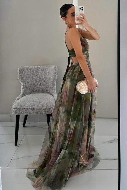 Baskılı Çiçek Desenli V Yaka A-Line Maxi Elbise