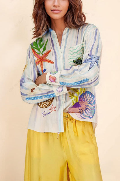 Okyanus Temalı Desenli Pantolon Takımı