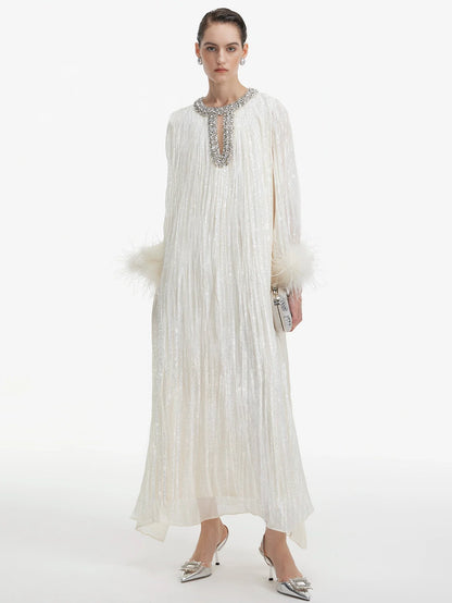 İnci Saten Tüylü Gece Elbisesi