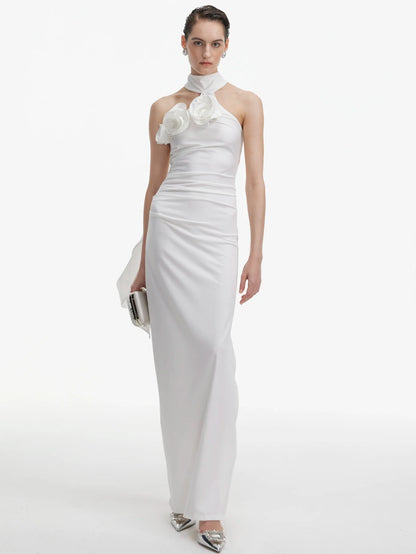 Çiçek Detaylarıyla Boyundan Bağlamalı Yaka Elbise