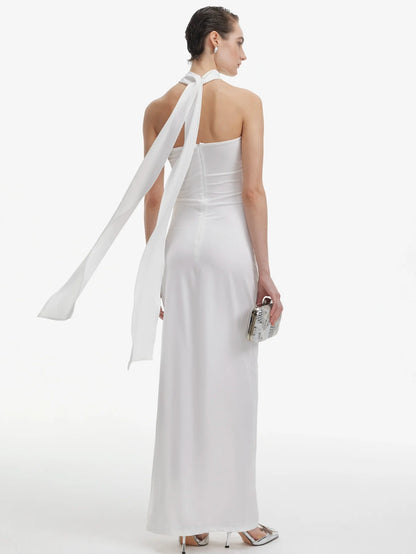 Çiçek Detaylarıyla Boyundan Bağlamalı Yaka Elbise