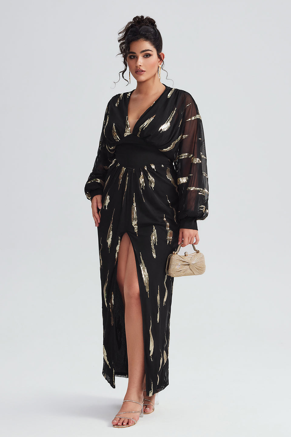 Taya-V Yakalı Kıvrımlı File Elbise