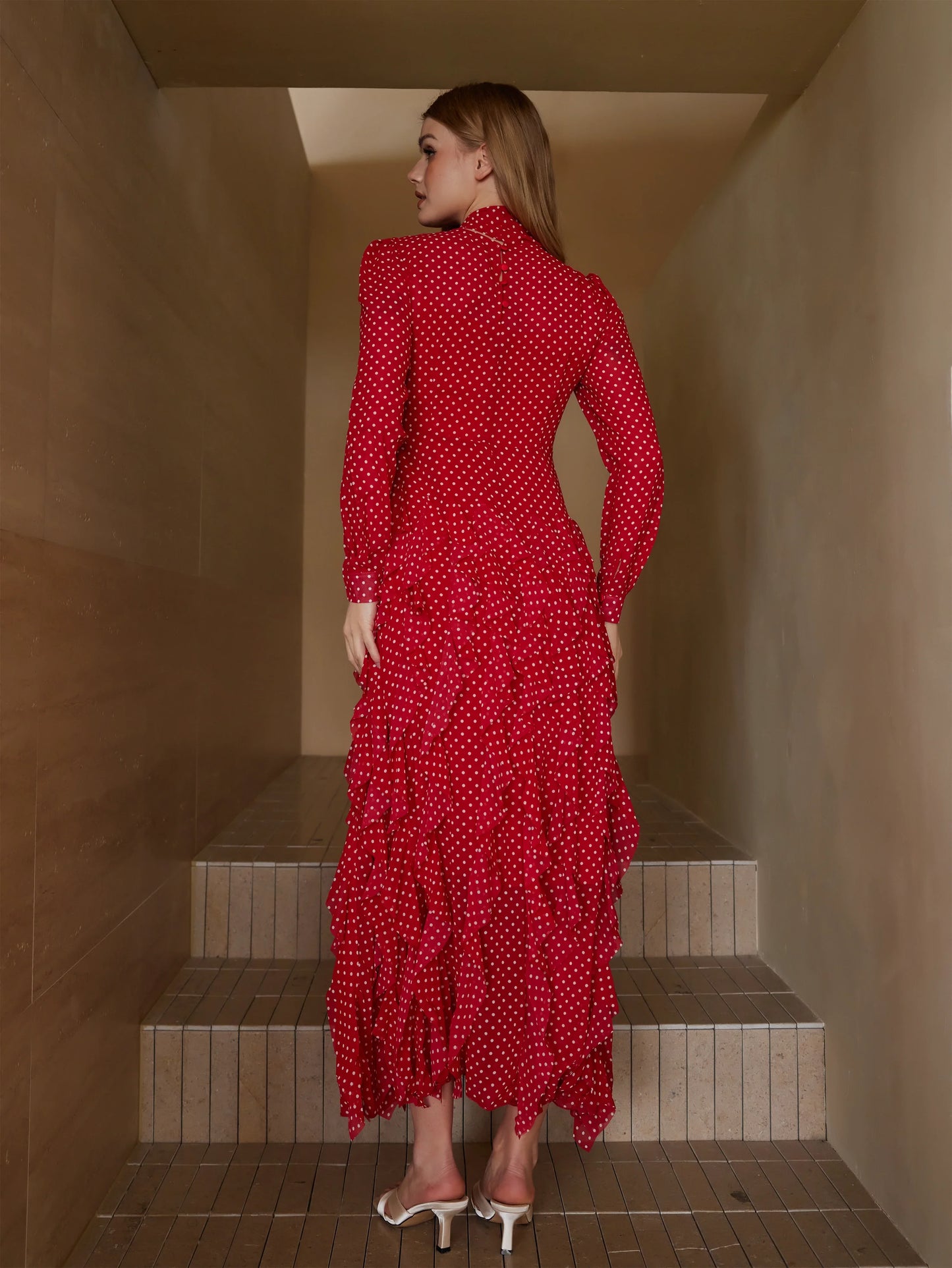 Puantiyeli Katmanlı Uzun Elbise