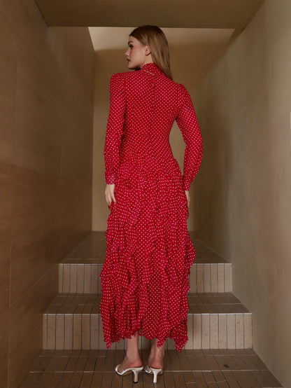 Puantiyeli Katmanlı Uzun Elbise