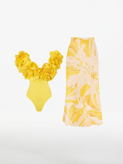 Çiçek Tek Renk Tek Parça Mayo Ve Etek Takımı