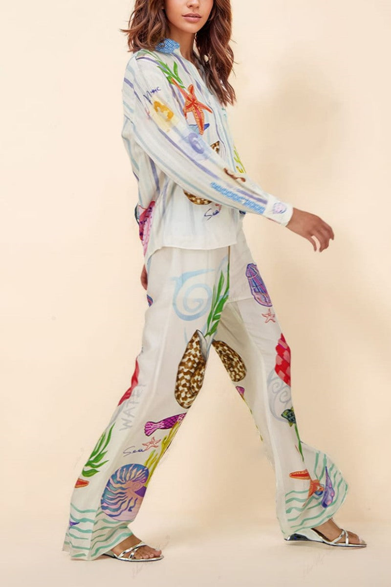 Okyanus Temalı Desenli Pantolon Takımı