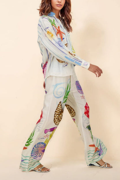Okyanus Temalı Desenli Pantolon Takımı