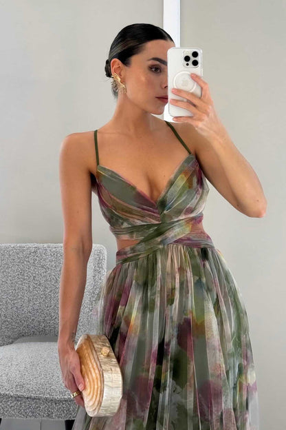 Baskılı Çiçek Desenli V Yaka A-Line Maxi Elbise