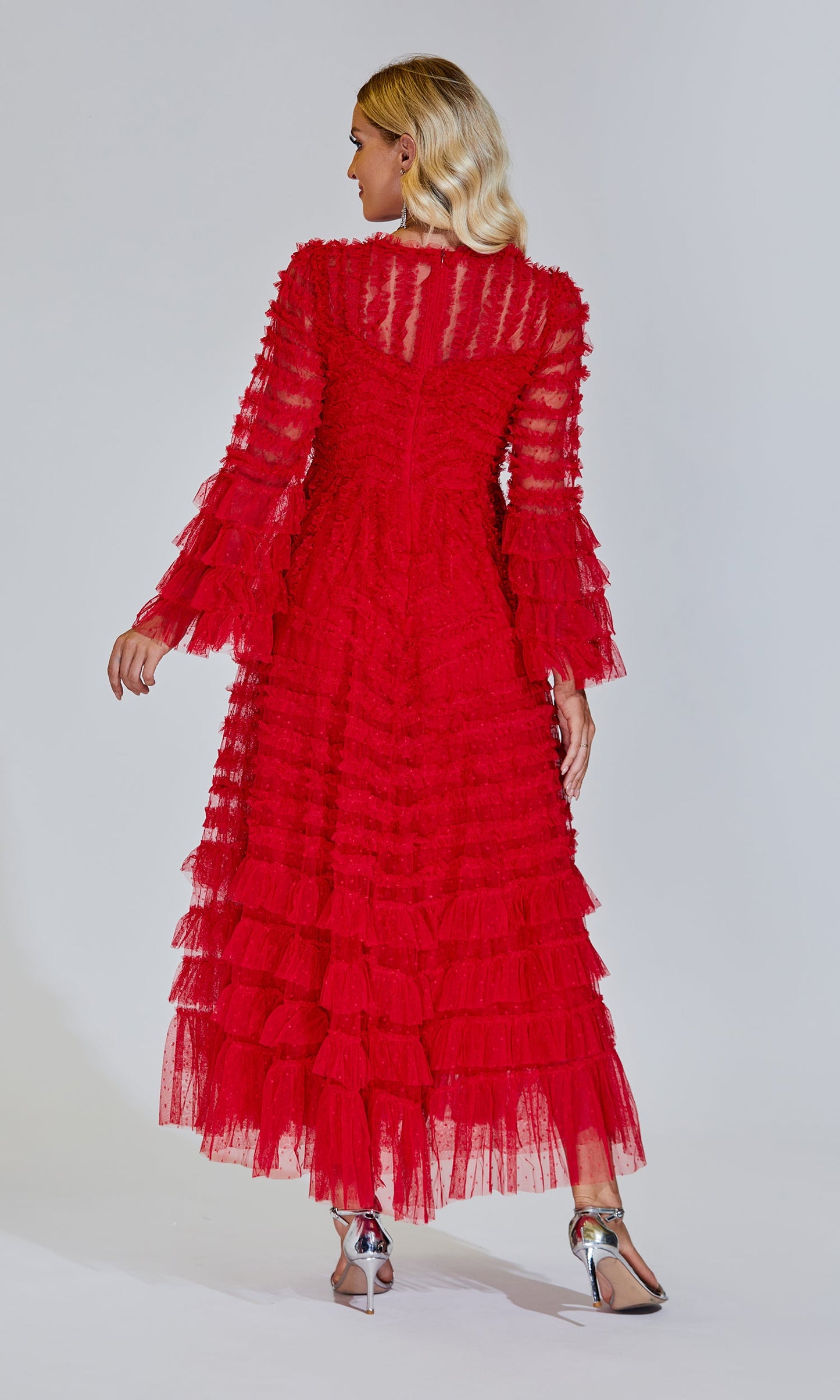 Kiera Kırmızı Uzun Kollu Uzun Elbise