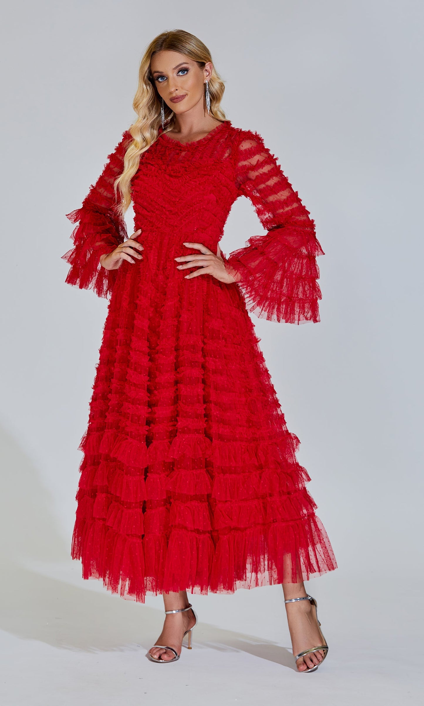 Kiera Kırmızı Uzun Kollu Uzun Elbise