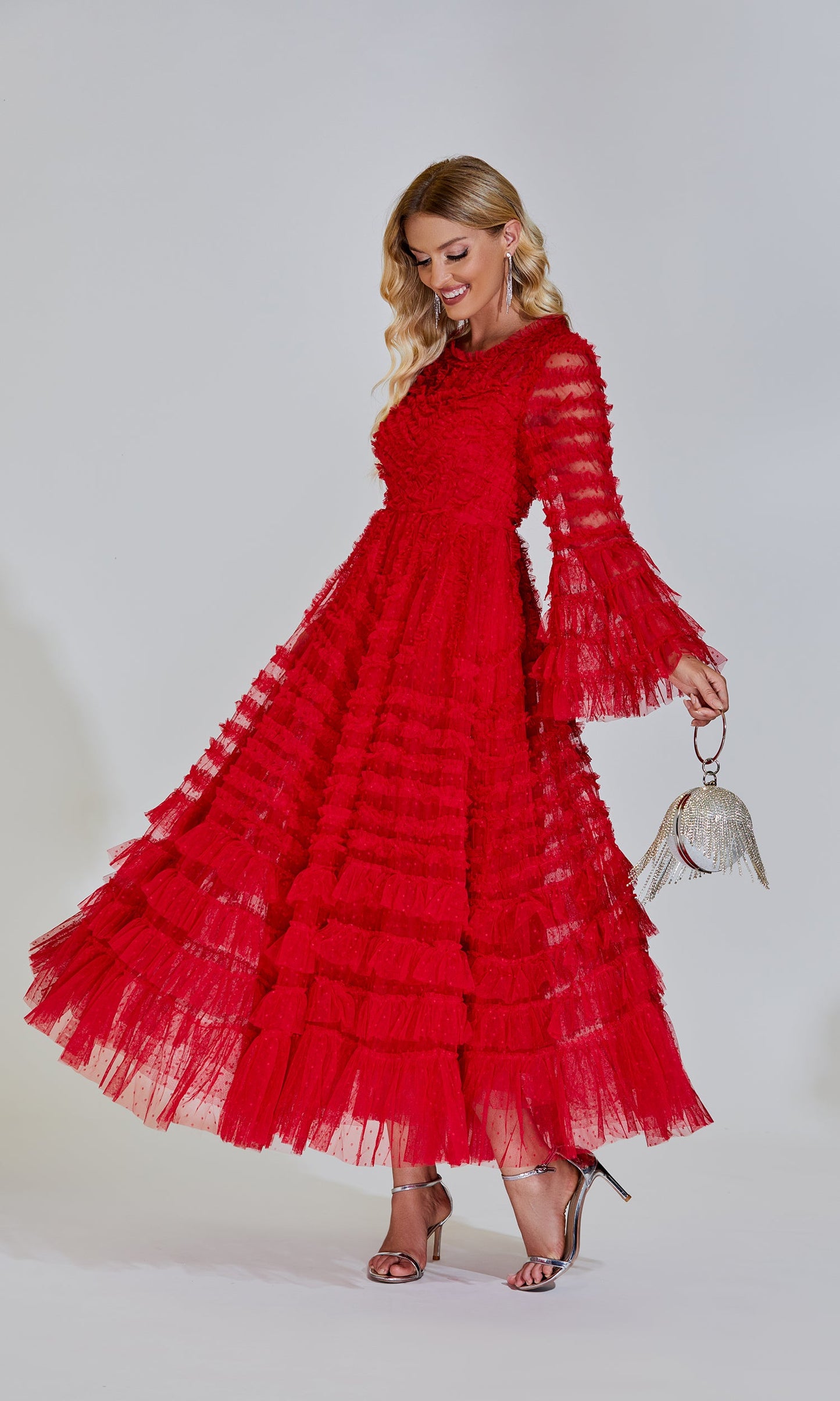 Kiera Kırmızı Uzun Kollu Uzun Elbise