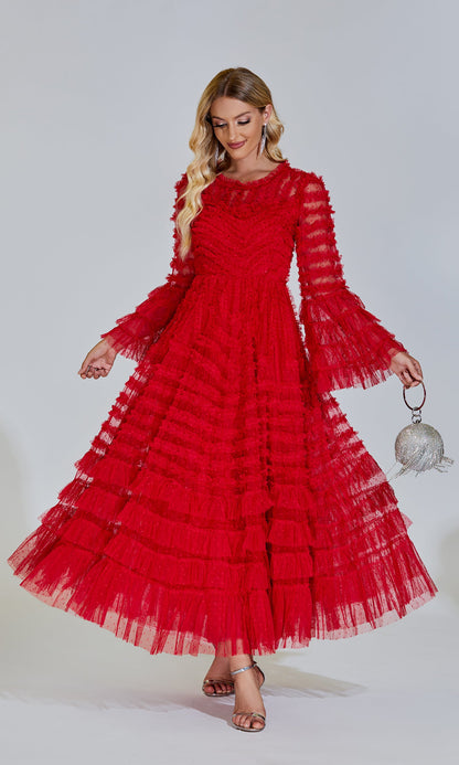 Kiera Kırmızı Uzun Kollu Uzun Elbise