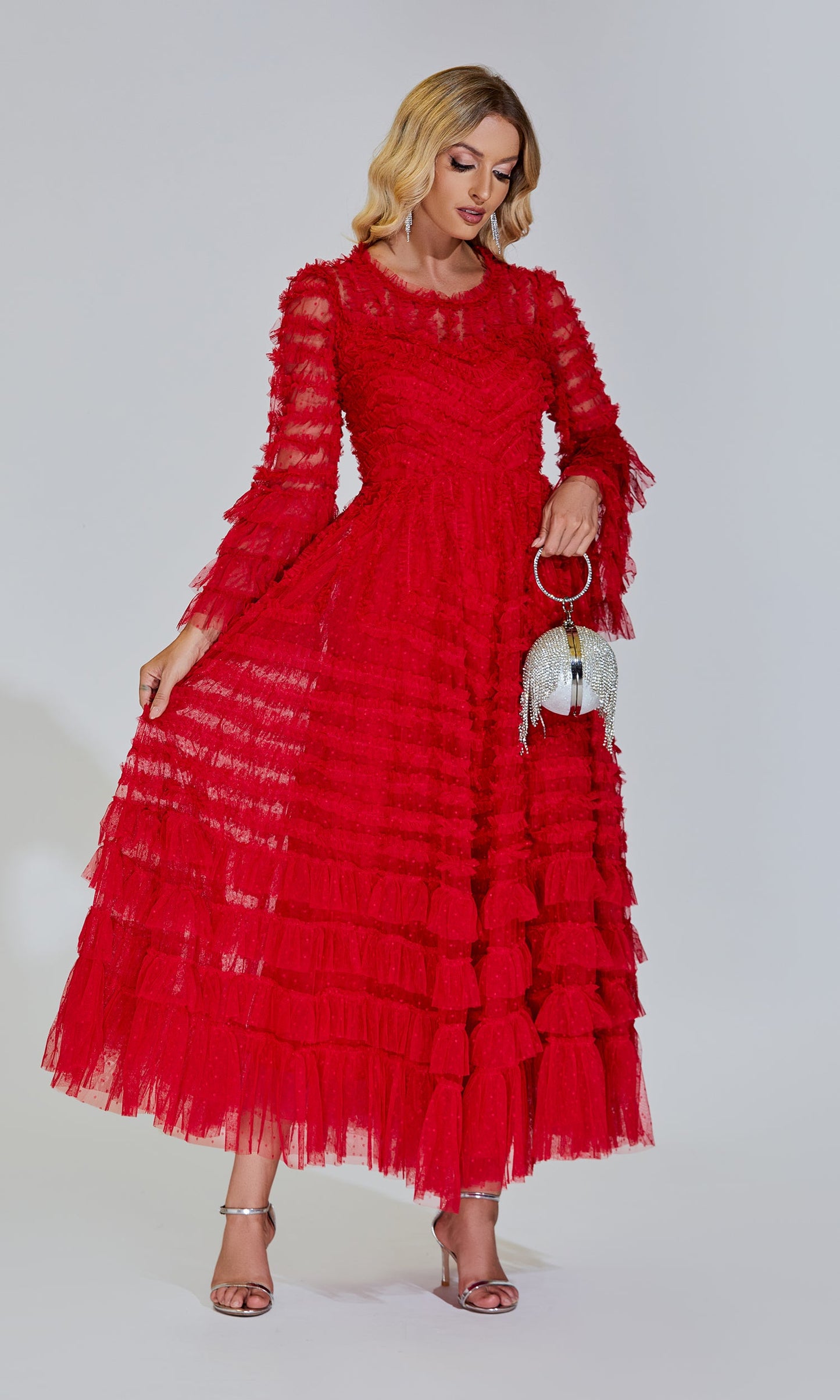 Kiera Kırmızı Uzun Kollu Uzun Elbise