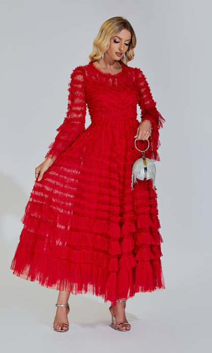 Kiera Kırmızı Uzun Kollu Uzun Elbise