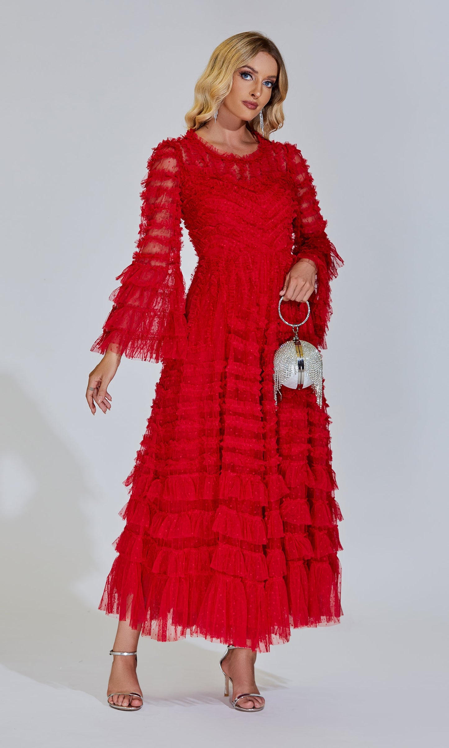 Kiera Kırmızı Uzun Kollu Uzun Elbise