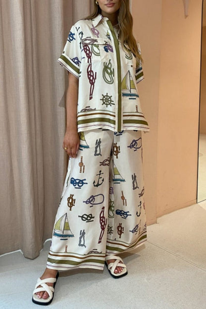 Elle Çizilmiş Deniz Motifli Pantolon Takımı