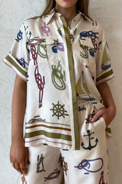 Elle Çizilmiş Deniz Motifli Pantolon Takımı