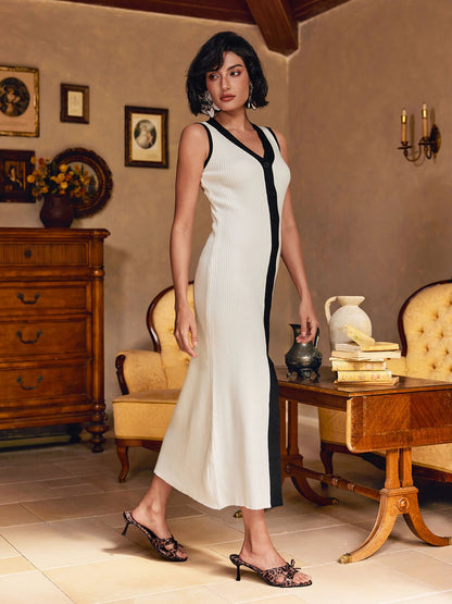 Allston V Yaka Düğmeli Örme Midi Elbise Beyaz