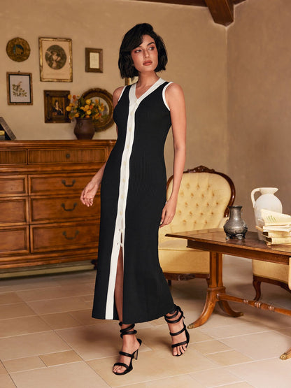 Allston V Yaka Düğmeli Örme Midi Elbise Siyah