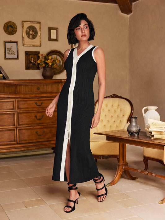 Allston V Yaka Düğmeli Örme Midi Elbise Siyah