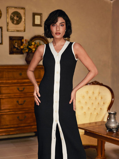 Allston V Yaka Düğmeli Örme Midi Elbise Siyah