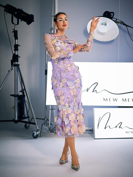 Amara Uzun Kollu İşlemeli Midi Elbise Mor