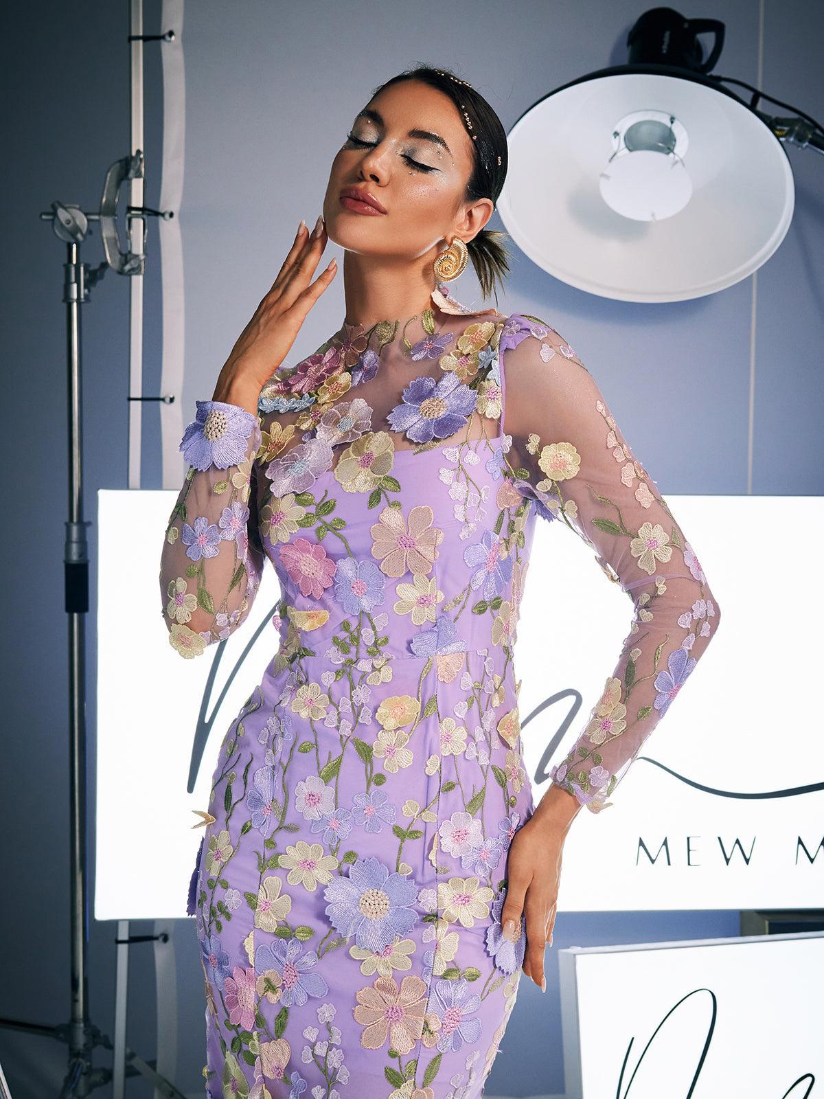 Amara Uzun Kollu İşlemeli Midi Elbise Mor