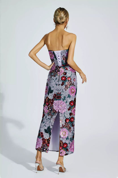 Amelie Mor Çiçek Süslü Uzun Elbise